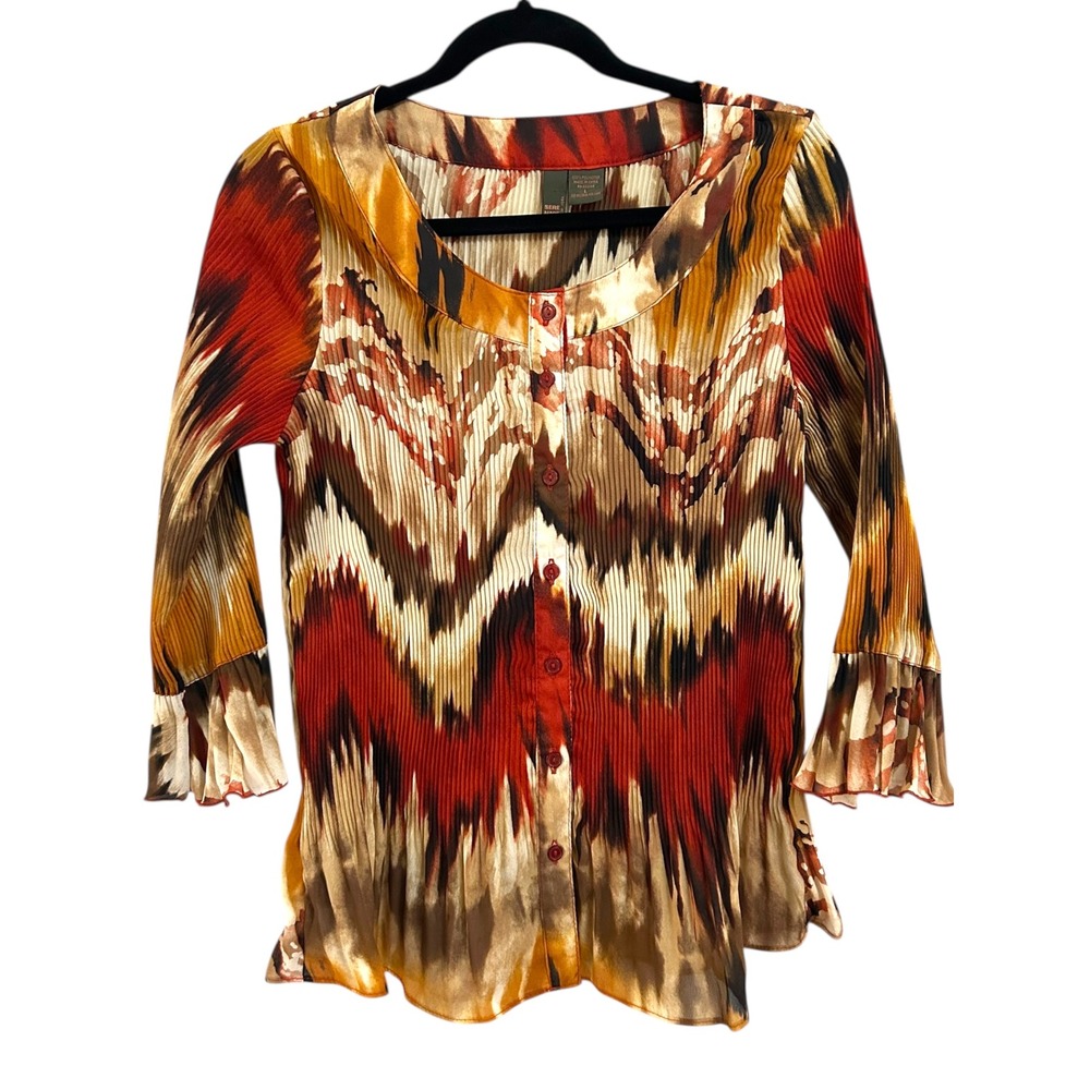 Serenade New York Womens Y2K Crinkle Pleated Print Button Front Blouse Top Large